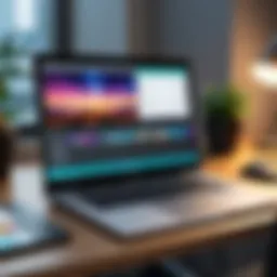 Creative workspace with video editing software on a laptop.