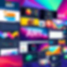 A vibrant digital canvas displaying a variety of art software interfaces