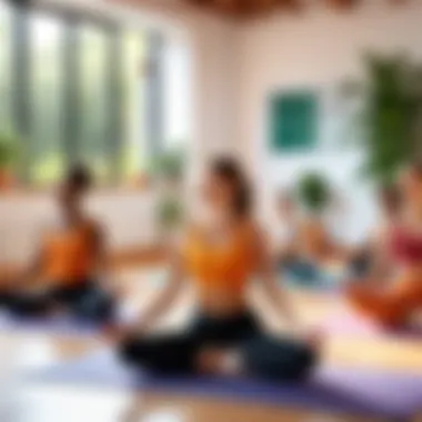 A group practicing yoga in a vibrant setting