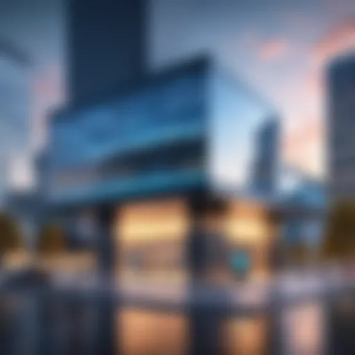 A futuristic bank building showcasing modern architecture and technology.