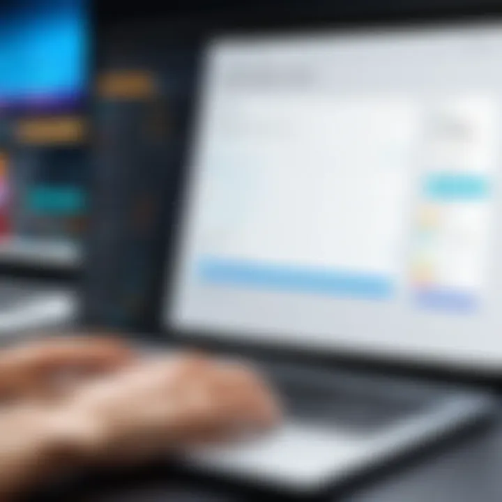 A close-up of a user navigating through a software interface on a laptop.