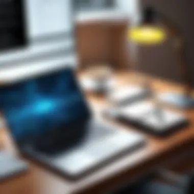 An organized workspace with a laptop, books, and coffee, indicating a focused environment for writing.