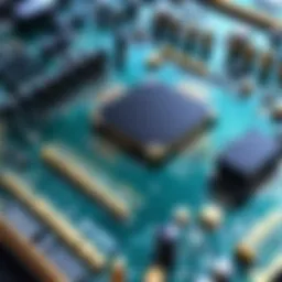 A complex PCB layout showcasing intricate circuitry and components.
