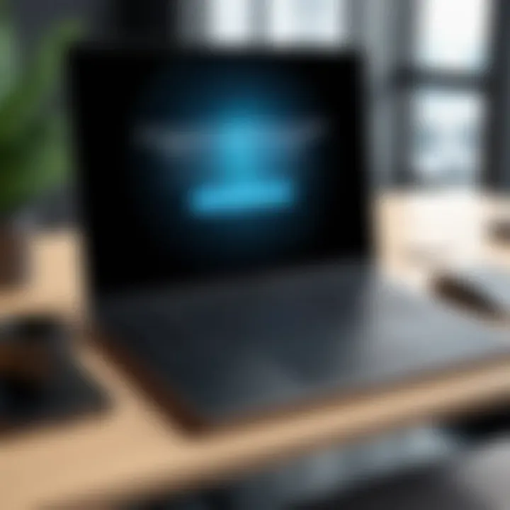 A virtual interview setup showcasing a laptop and professional background.